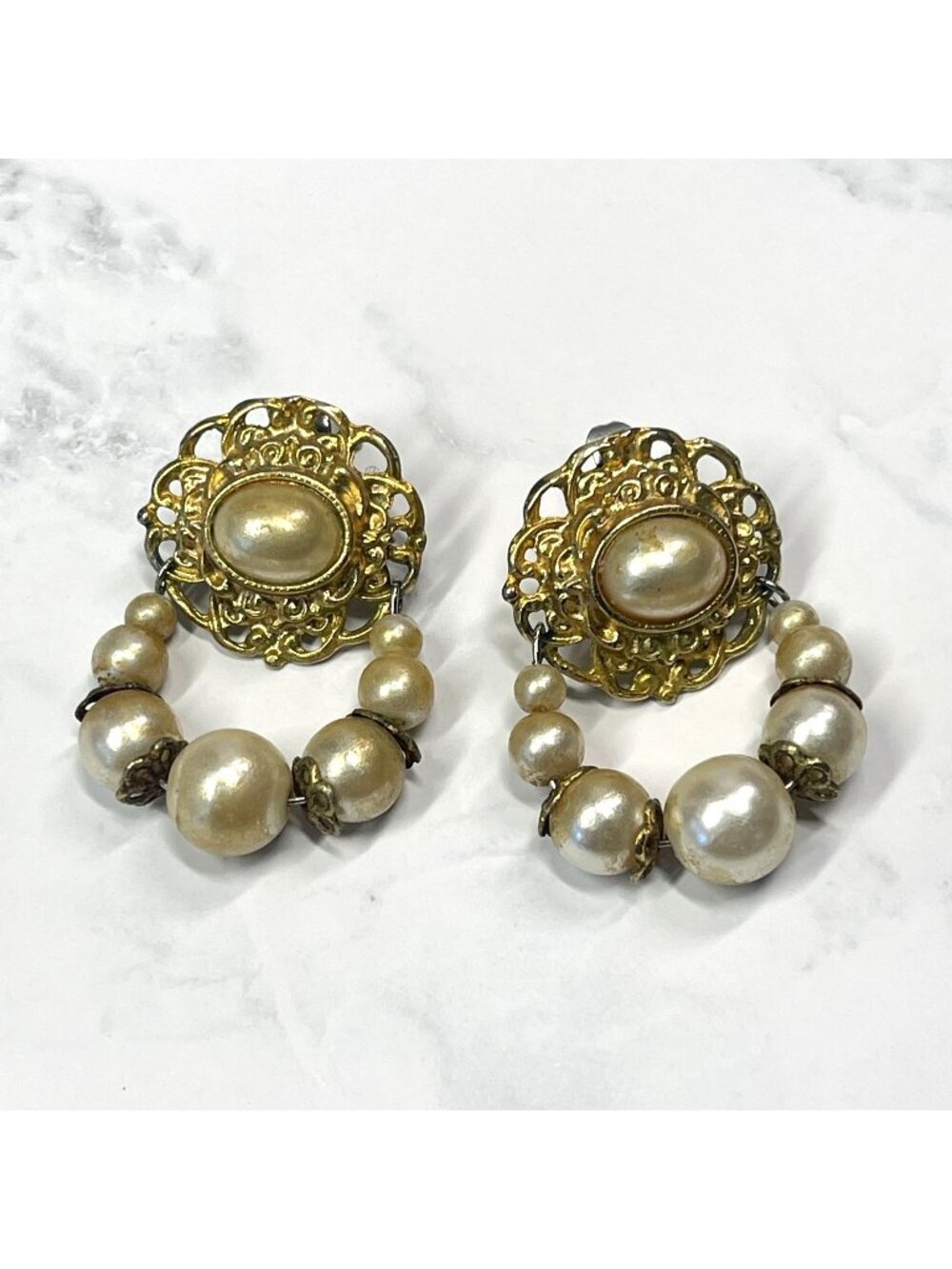 Vintage Gold-Tone Clip-On Earrings With Faux Pearl Accents & Filigree Design